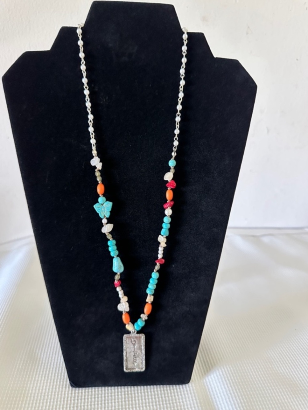 Handmade Turquoise, Coral & Silver Bead Pendant Necklace